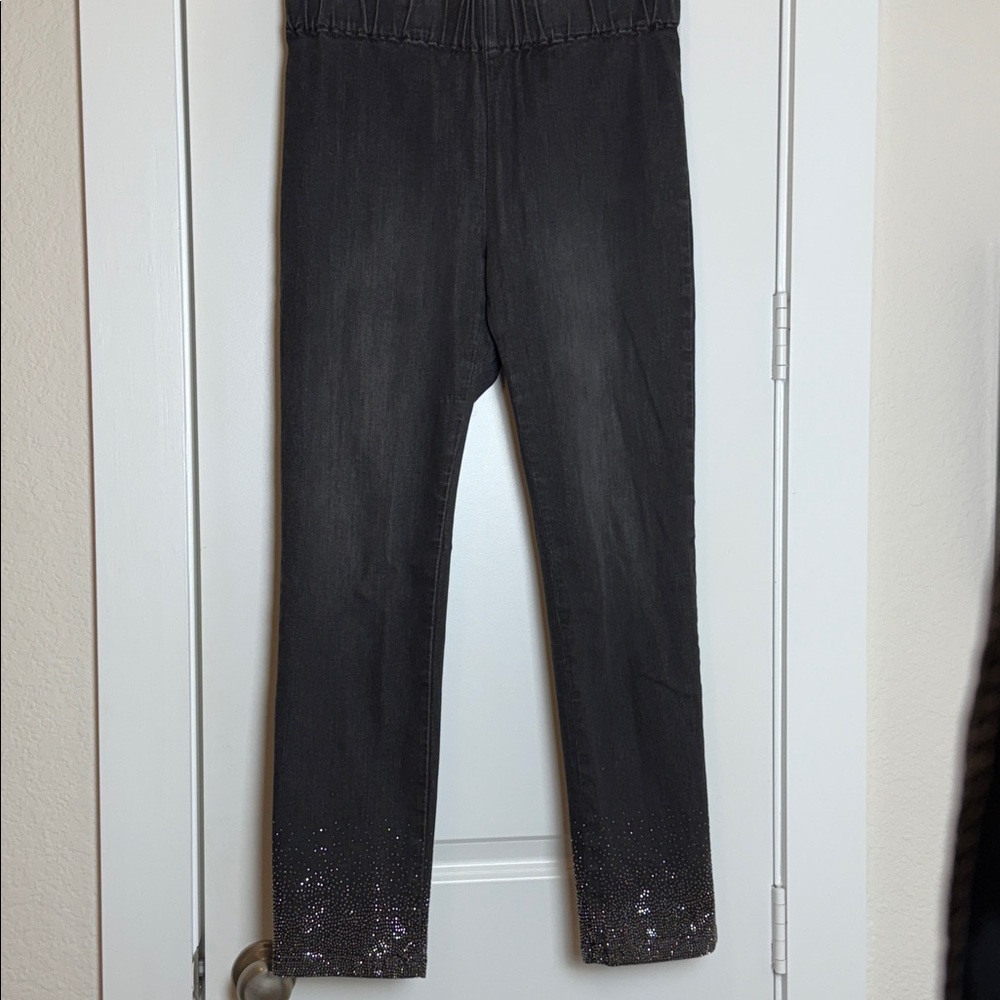 Black Denim Pants with Embellished Hem